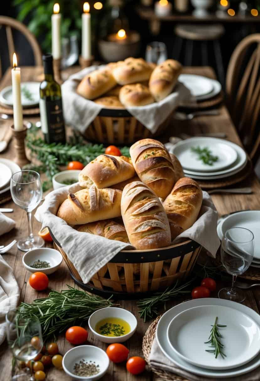 A rustic dining table with breadbaskets filled with focaccia and ciabatta bread, surrounded by Italian dinnerware and fresh herbs.
