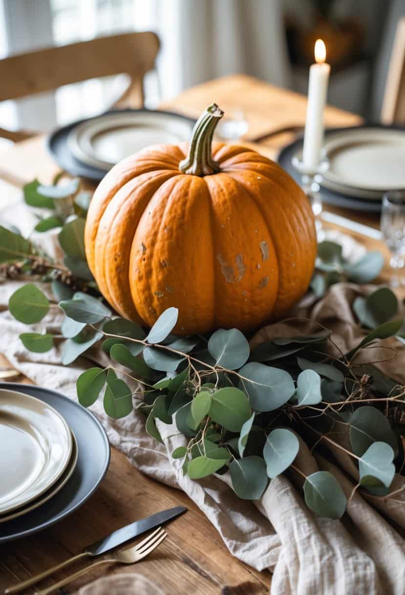 A rustic fall dinner table with a pumpkin centerpiece decorated with eucalyptus sprigs.