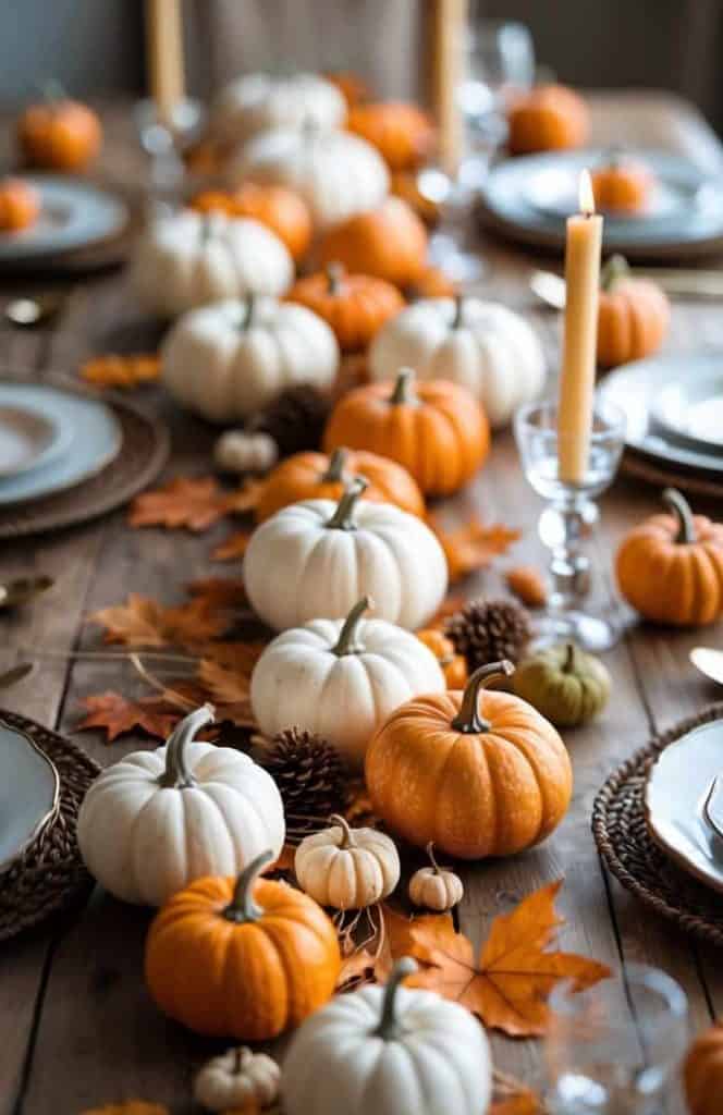 A wooden dining table decorated with white and orange pumpkins, pinecones, autumn leaves, and a lit candle, set with plates and cutlery for a fall-themed meal.