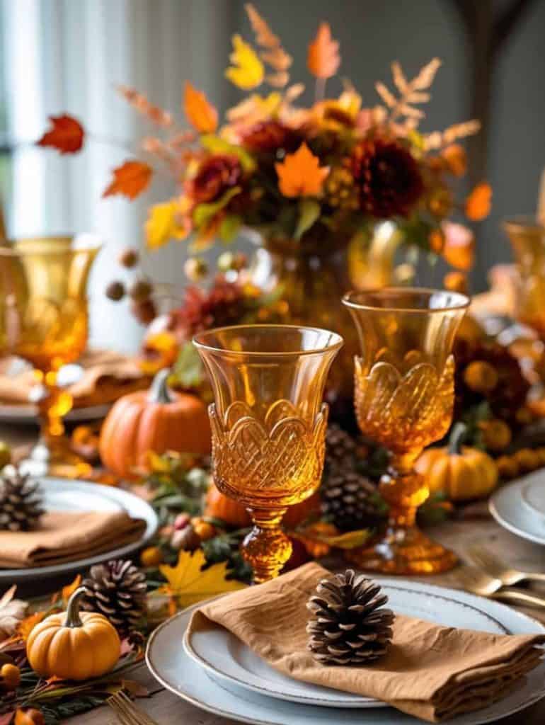 A decorated fall-themed dining table with amber glassware, pinecones, pumpkins, orange napkins, and a floral centerpiece featuring autumn leaves and flowers.