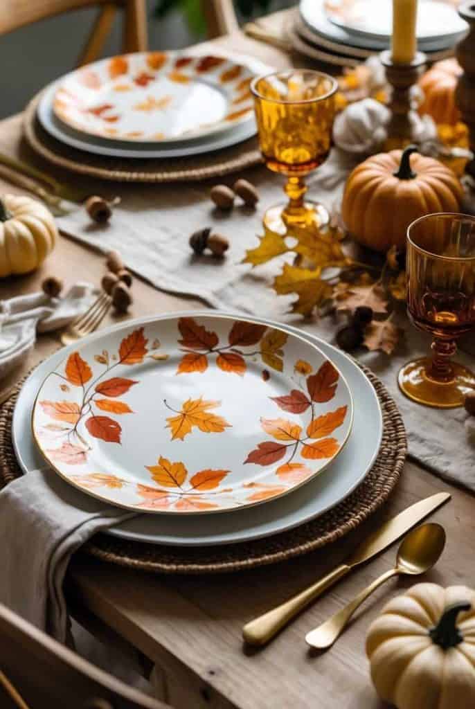 A wooden table set for autumn, featuring plates with orange leaf designs, amber glasses, gold cutlery, and small pumpkins as decoration.