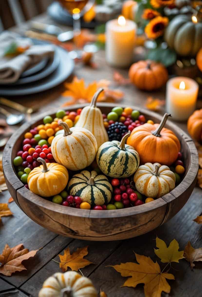 Wooden bowl filled with small gourds and mixed berries on a fall dinner party table with autumn decorations.