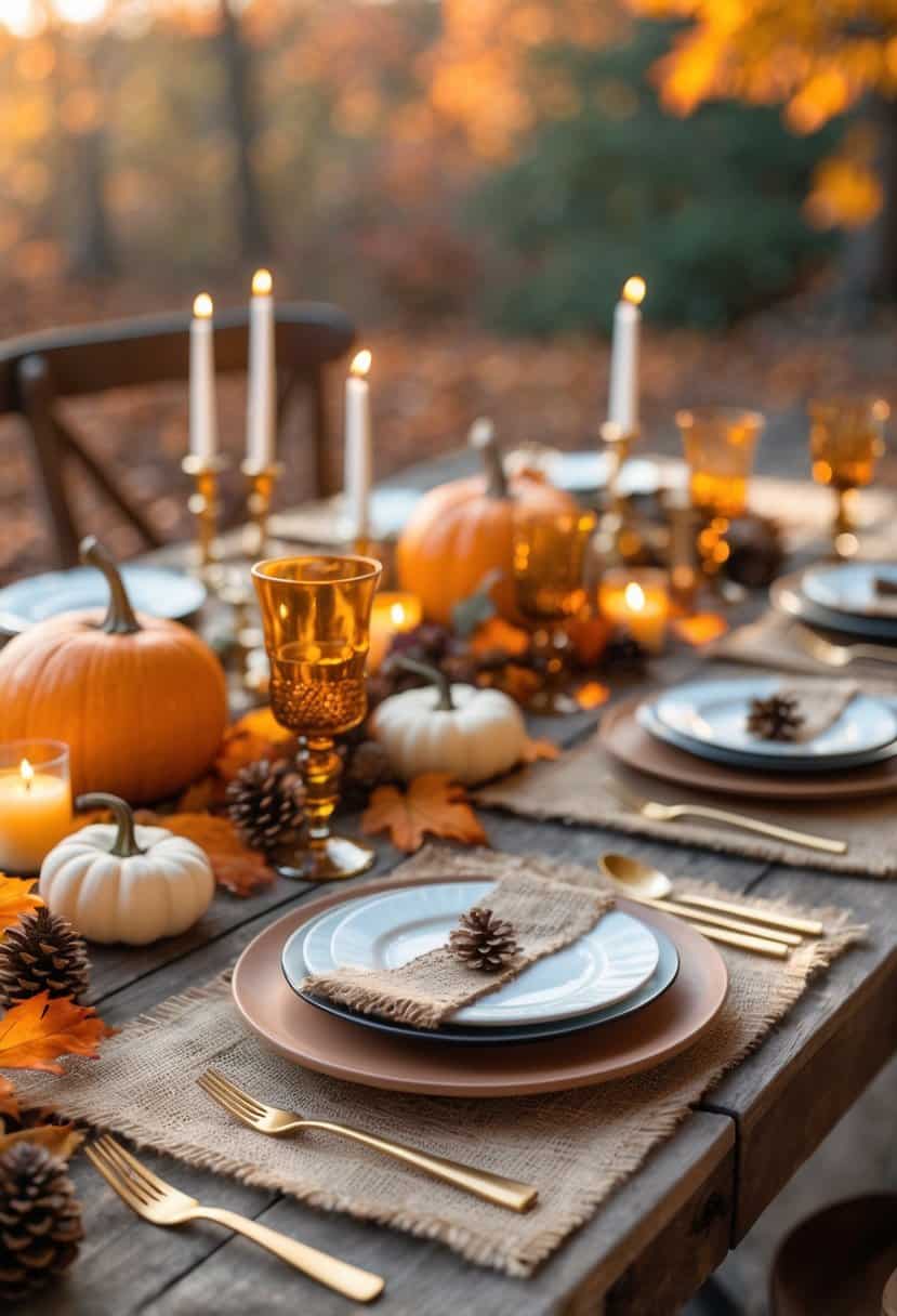 A fall dinner table set outdoors with natural jute placemats, ceramic plates, gold flatware, amber glasses, small pumpkins, dried leaves, pinecones, and candles.