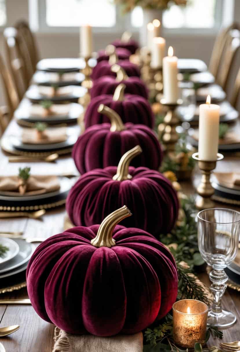 A wooden table decorated with burgundy velvet pumpkins, candles, greenery, and autumn-themed tableware.
