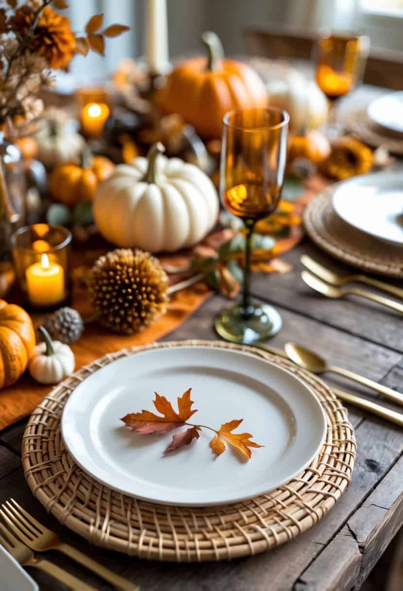 A fall dinner table with handwoven rattan charger plates, autumn decorations, and candles.