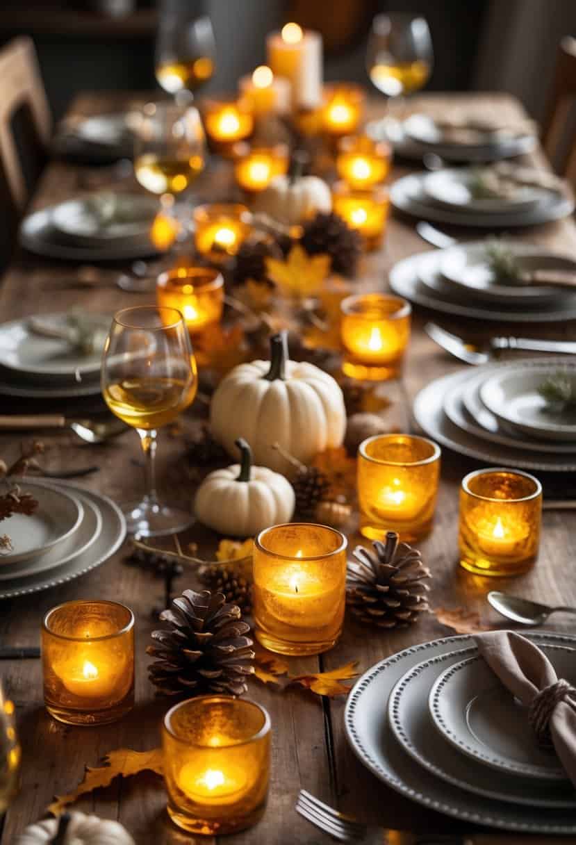 A fall dinner table with amber votive candle holders glowing warmly among pumpkins, dried leaves, and pinecones.