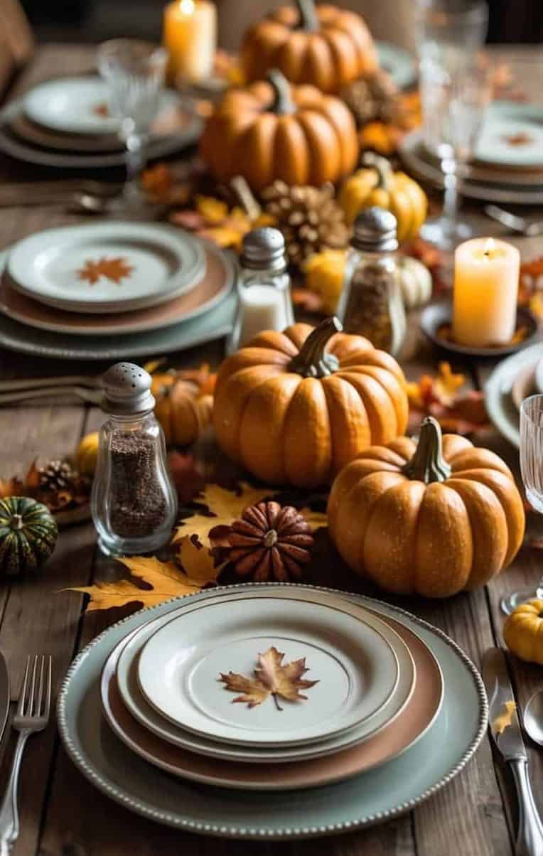 A dining table set with plates, utensils, and glasses, decorated with pumpkins, autumn leaves, pinecones, and lit candles for a fall or Thanksgiving gathering.