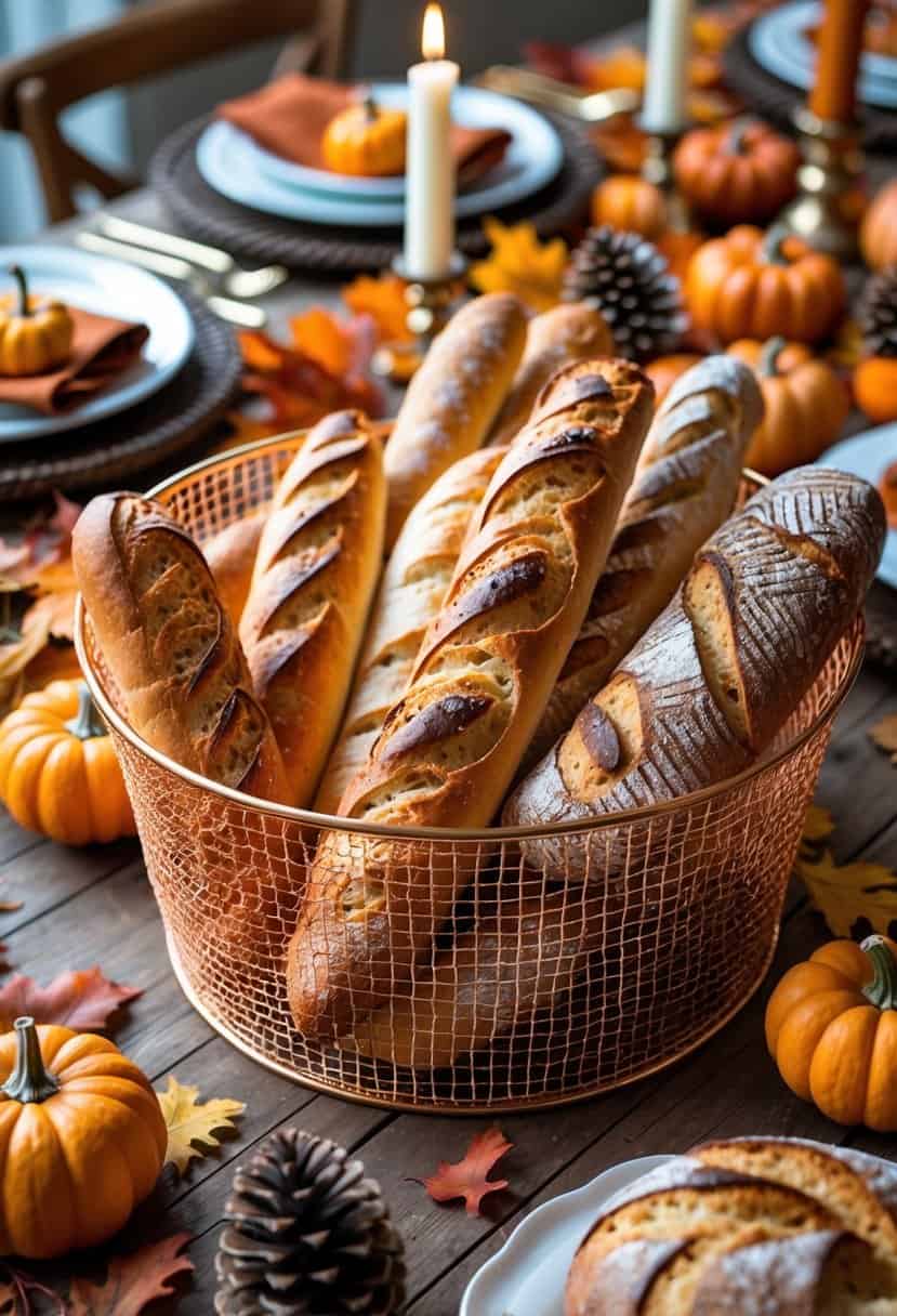 Copper wire basket holding freshly baked bread on a fall-themed dinner table with seasonal decorations.