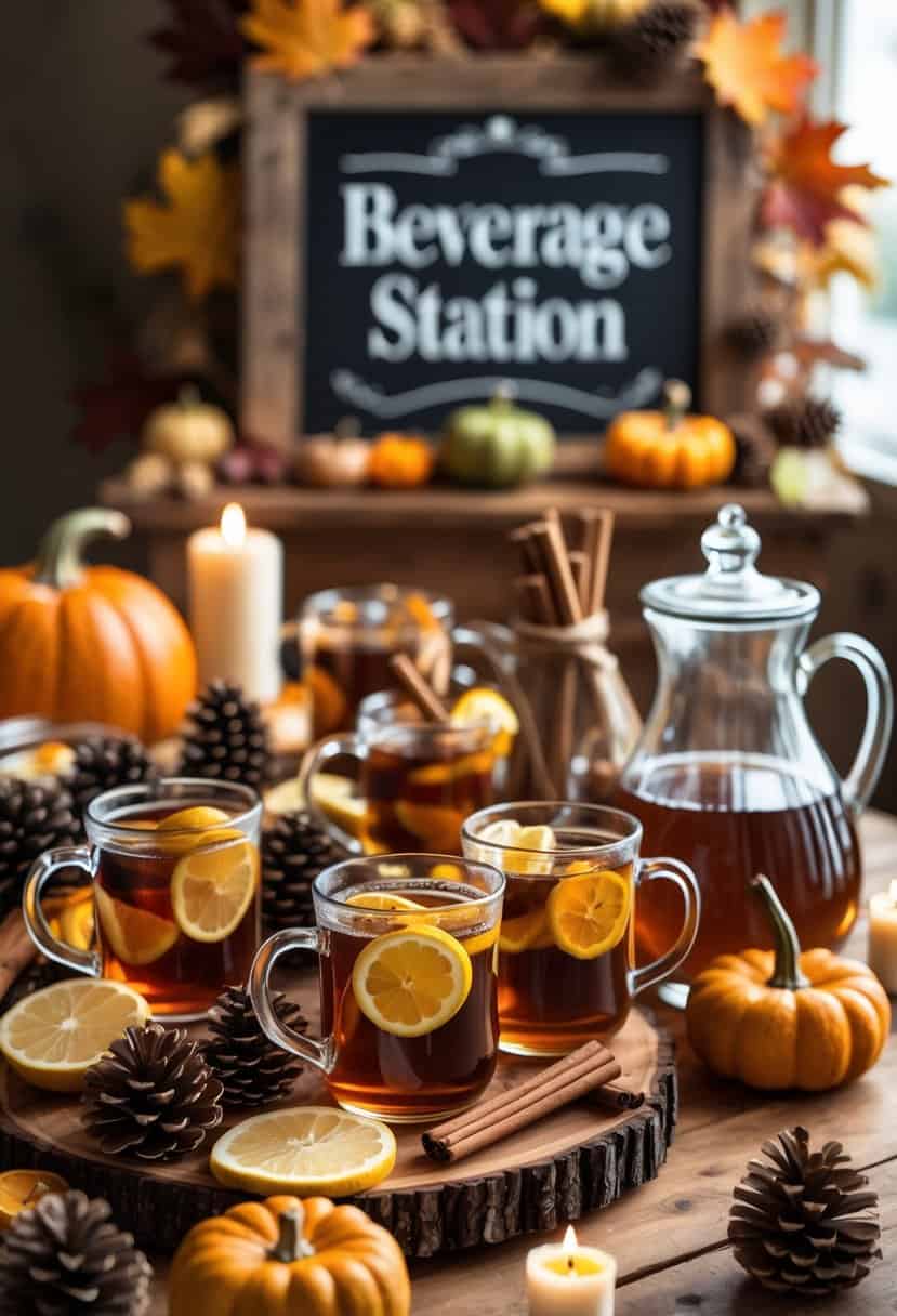 A fall-themed beverage station with hot toddy mix on a decorated table featuring pumpkins, leaves, candles, and glass mugs.