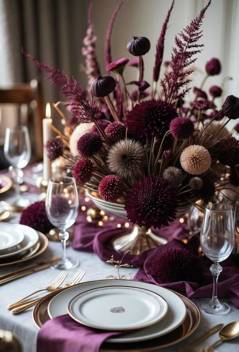A table set with burgundy and plum dried flowers as a centerpiece, surrounded by plates, glasses, and cutlery.