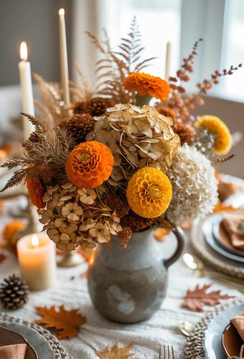 A fall dinner table with a centerpiece bouquet of dried hydrangeas and marigolds surrounded by autumn decorations.