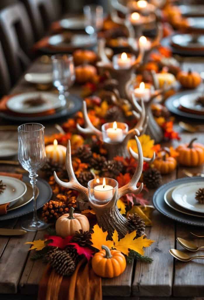 A long dining table set with gray plates, gold cutlery, antler candle holders, mini pumpkins, pinecones, and autumn leaves for a fall-themed meal.