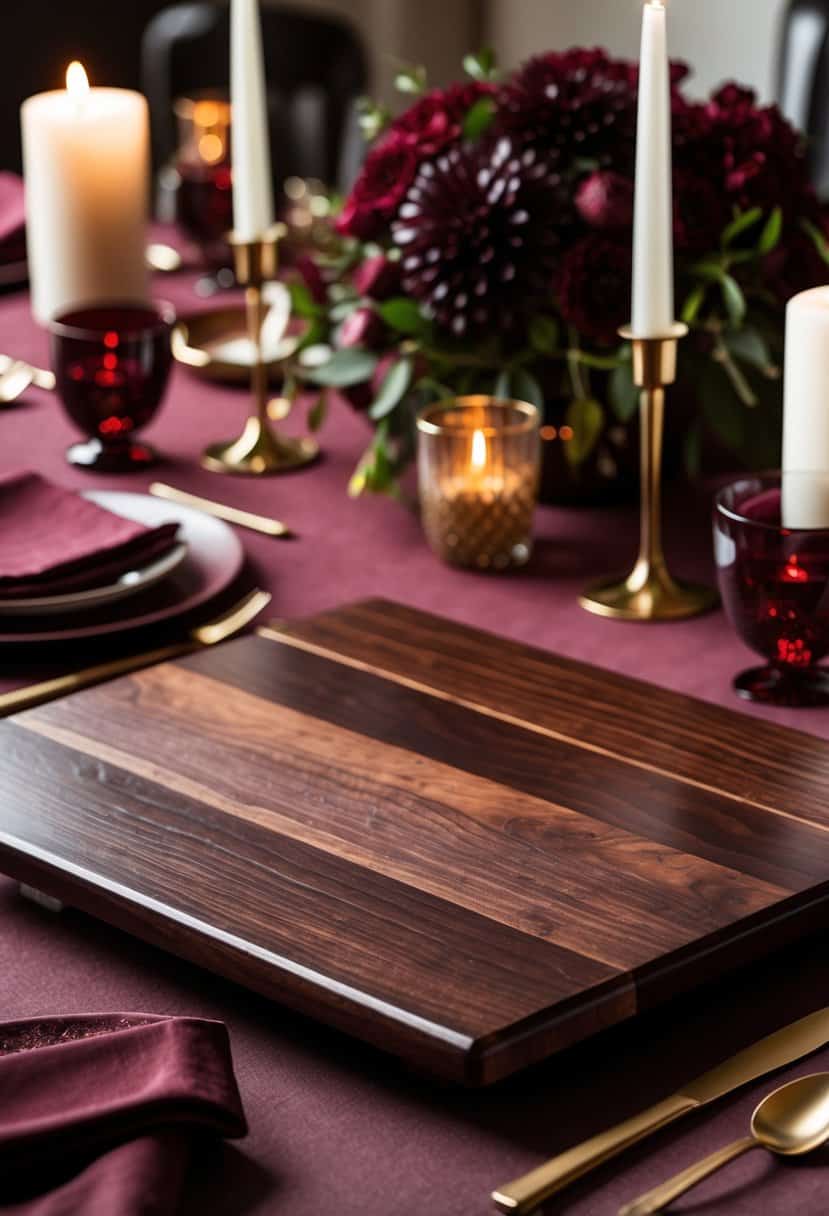 A dark cherry wood serving board on a burgundy table with plates, cutlery, candles, and floral decorations.