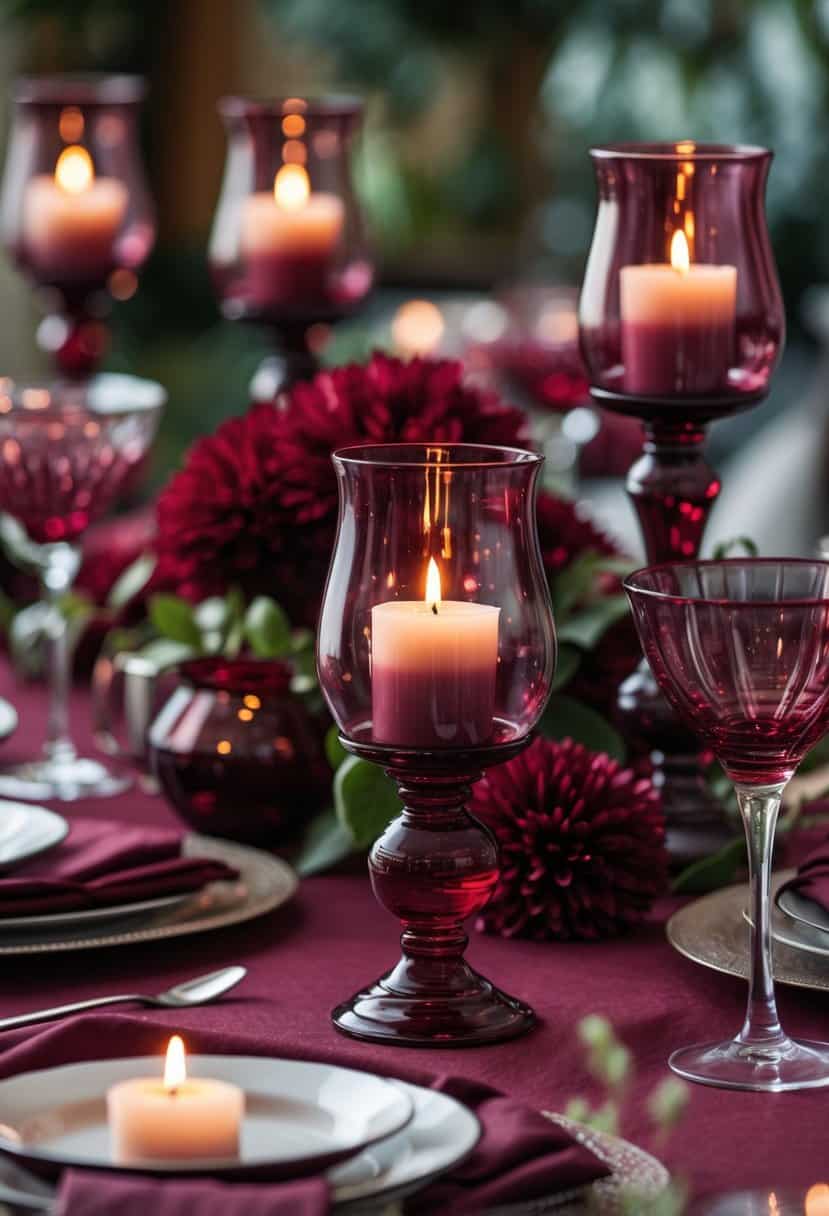 A table set with burgundy glass candle holders and matching burgundy table decorations.