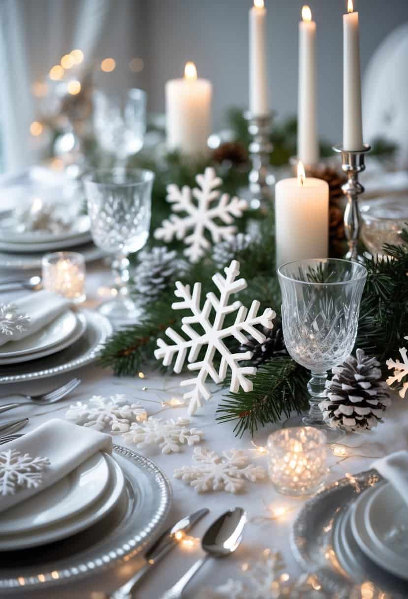 A winter-themed table set with snowflake decorations, white and silver dinnerware, candles, pine branches, and fairy lights.