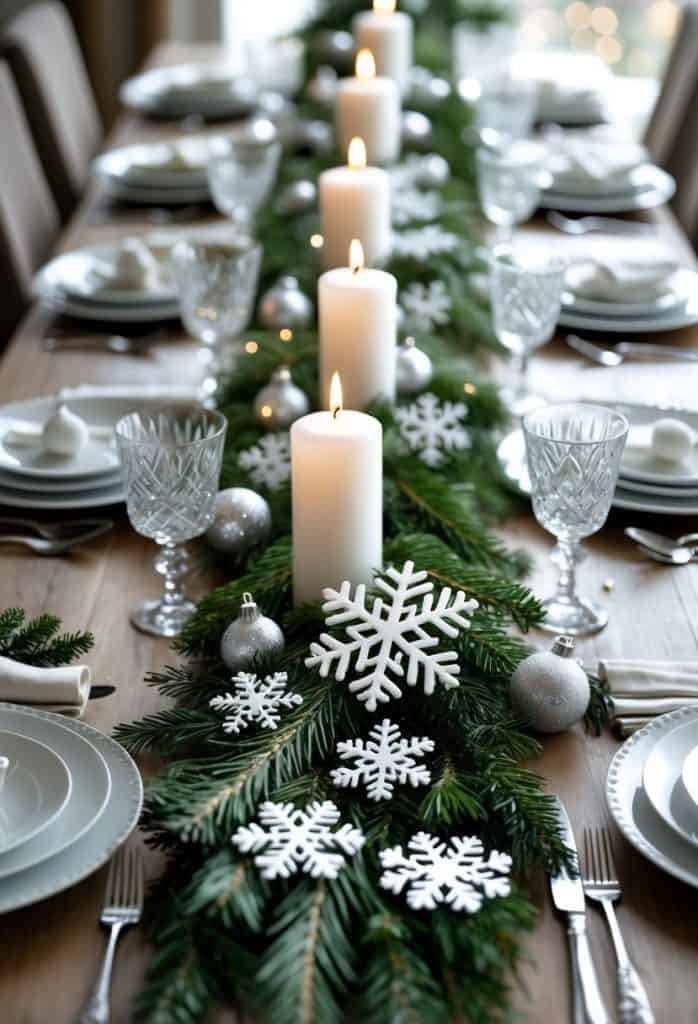 A dining table set with white plates and crystal glasses, decorated with evergreen branches, white snowflake ornaments, silver baubles, and lit white pillar candles.