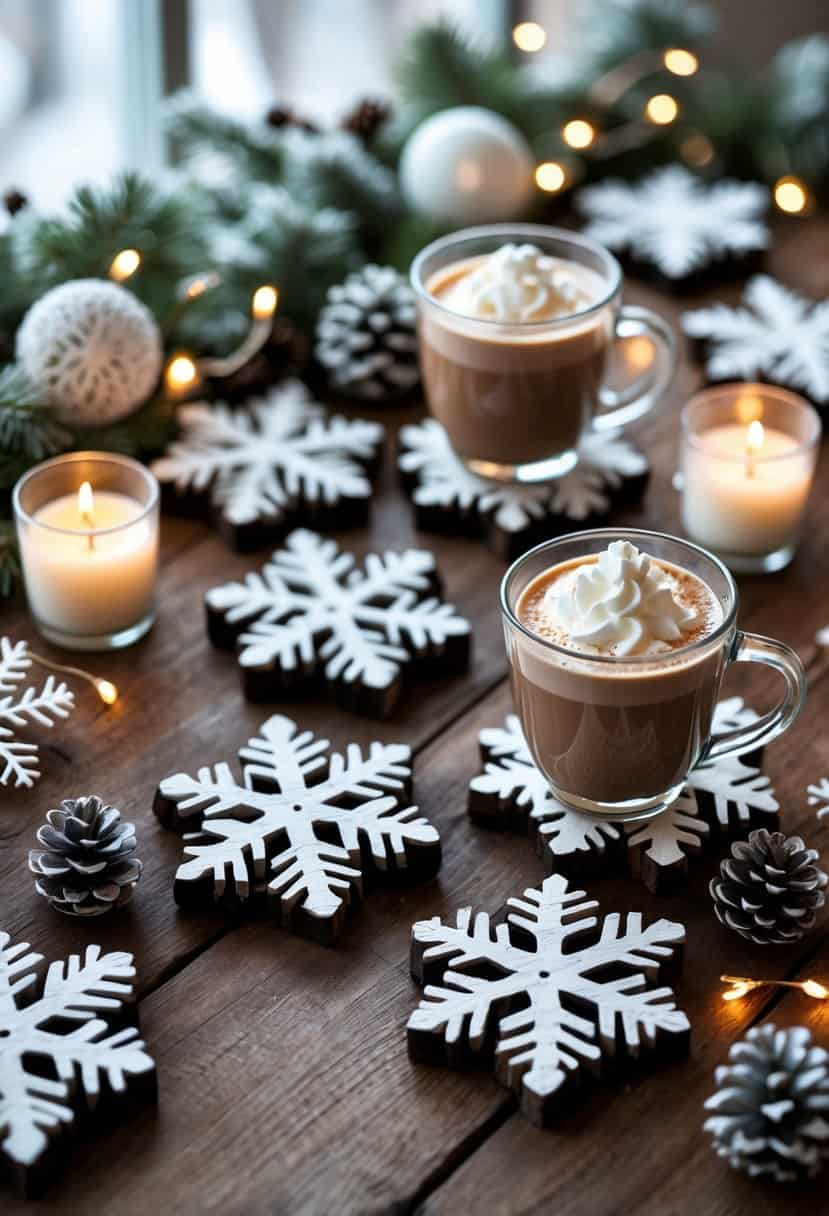 A winter table setting with wooden snowflake-shaped coasters holding glass mugs surrounded by pine branches, pinecones, and candles.