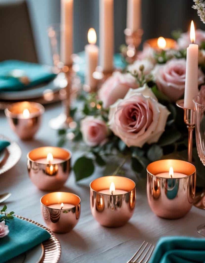A formal table setting with gold cutlery, teal napkins, pink roses, and lit gold votive candles arranged on a white tablecloth.