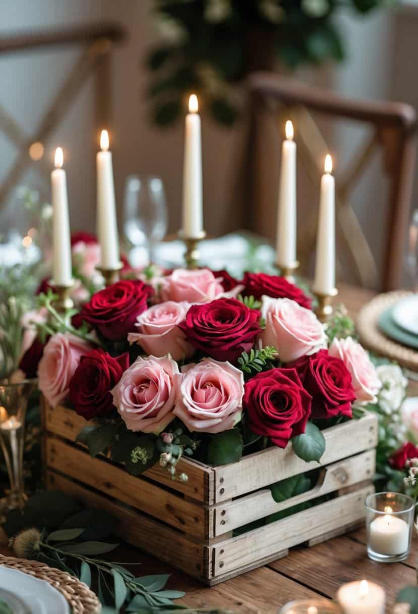 A rustic wooden crate filled with red and pink roses arranged as a centerpiece on a wooden table with candles and glassware.