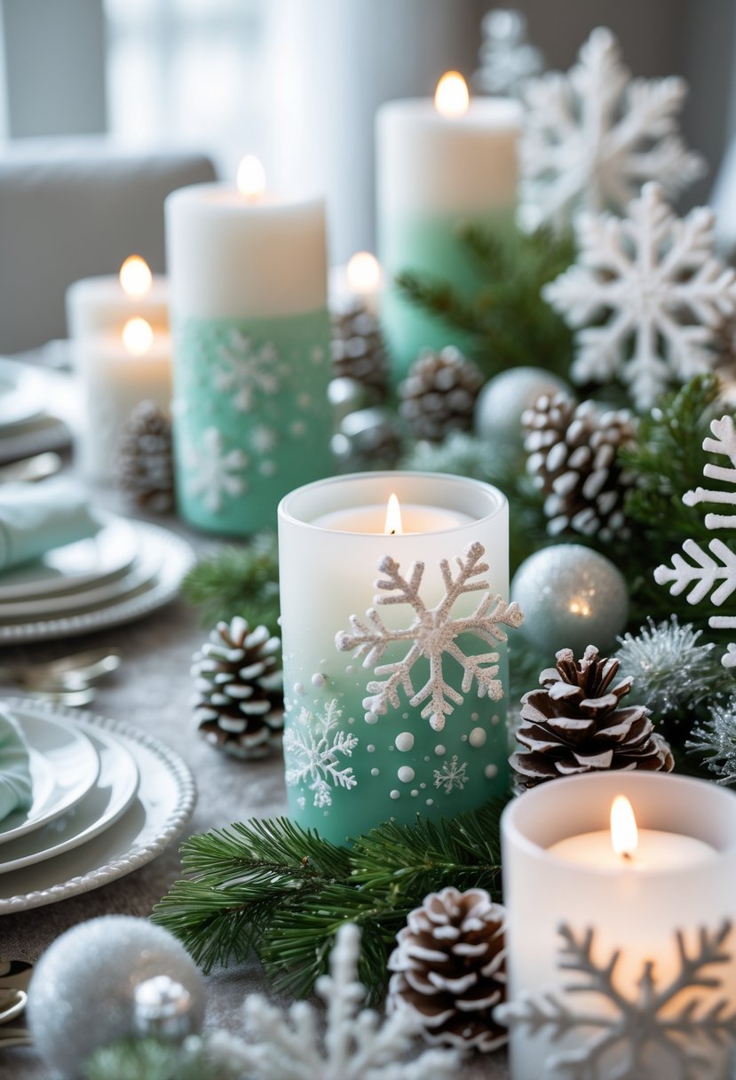 A winter-themed table decorated with mint-scented candles, snowflake ornaments, pinecones, and evergreen sprigs.