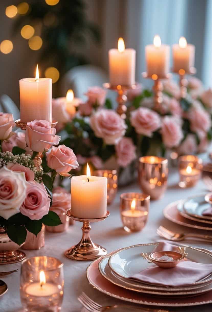 A table set with lit candles in rose gold holders surrounded by rose decorations and elegant tableware.