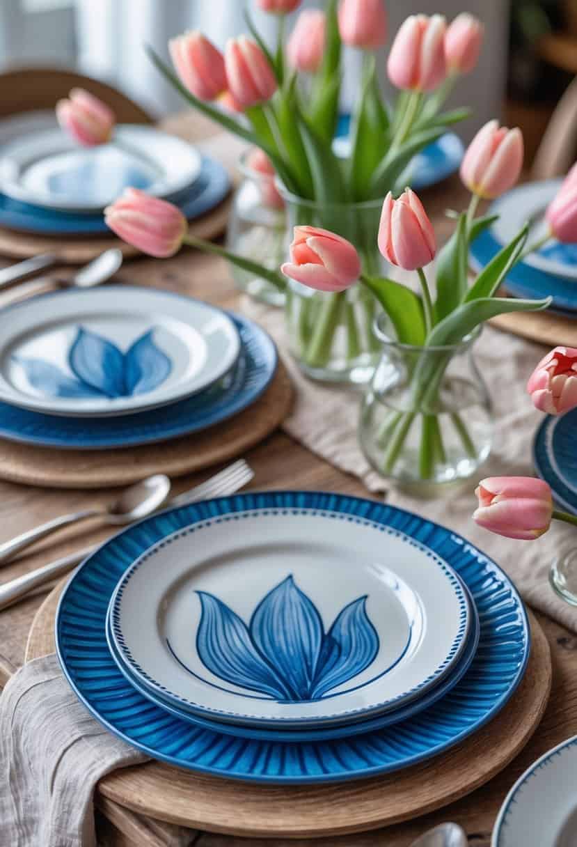 A table set with blue tulip-shaped plates and rose-colored tulips arranged in glass vases.