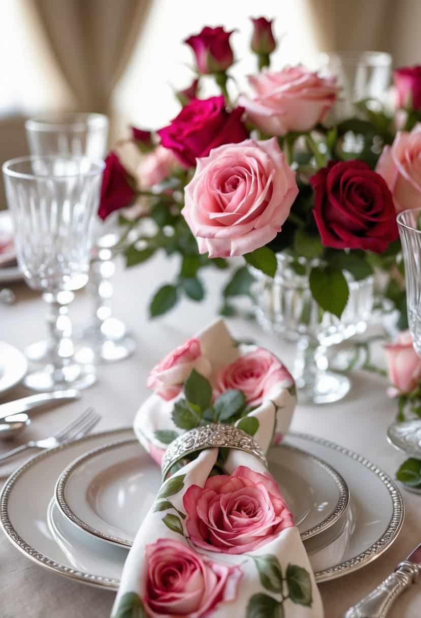 A table set with a rose-printed cloth napkin wrapped around silverware, surrounded by fresh rose floral centerpieces and elegant tableware.