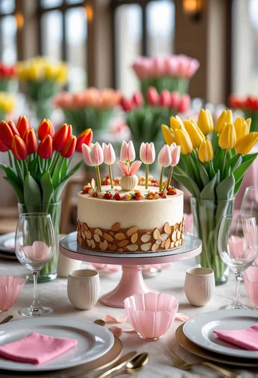 A Swiss Almond Tulip Cake displayed on a table surrounded by colorful tulip flowers and matching tableware.