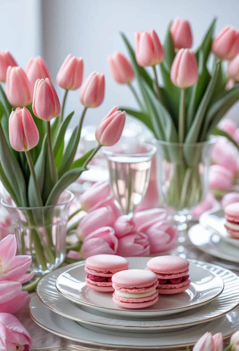 A table set with pink tulip flowers and raspberry macarons arranged on white plates.