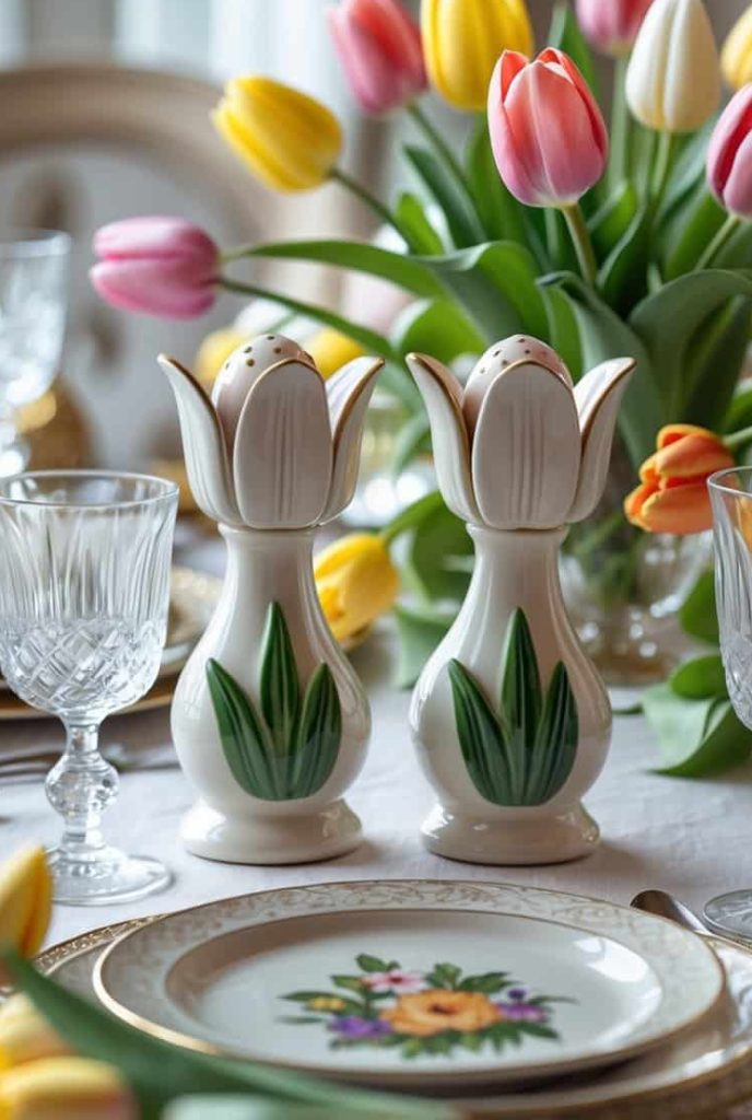 A table set with floral china, crystal glasses, and tulip-shaped salt and pepper shakers, surrounded by a bouquet of colorful tulips.