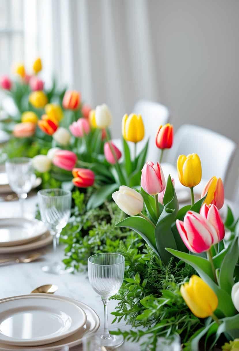 A table decorated with colorful tulip floral garlands along its edges, set with plates and glassware in a bright, softly lit room.