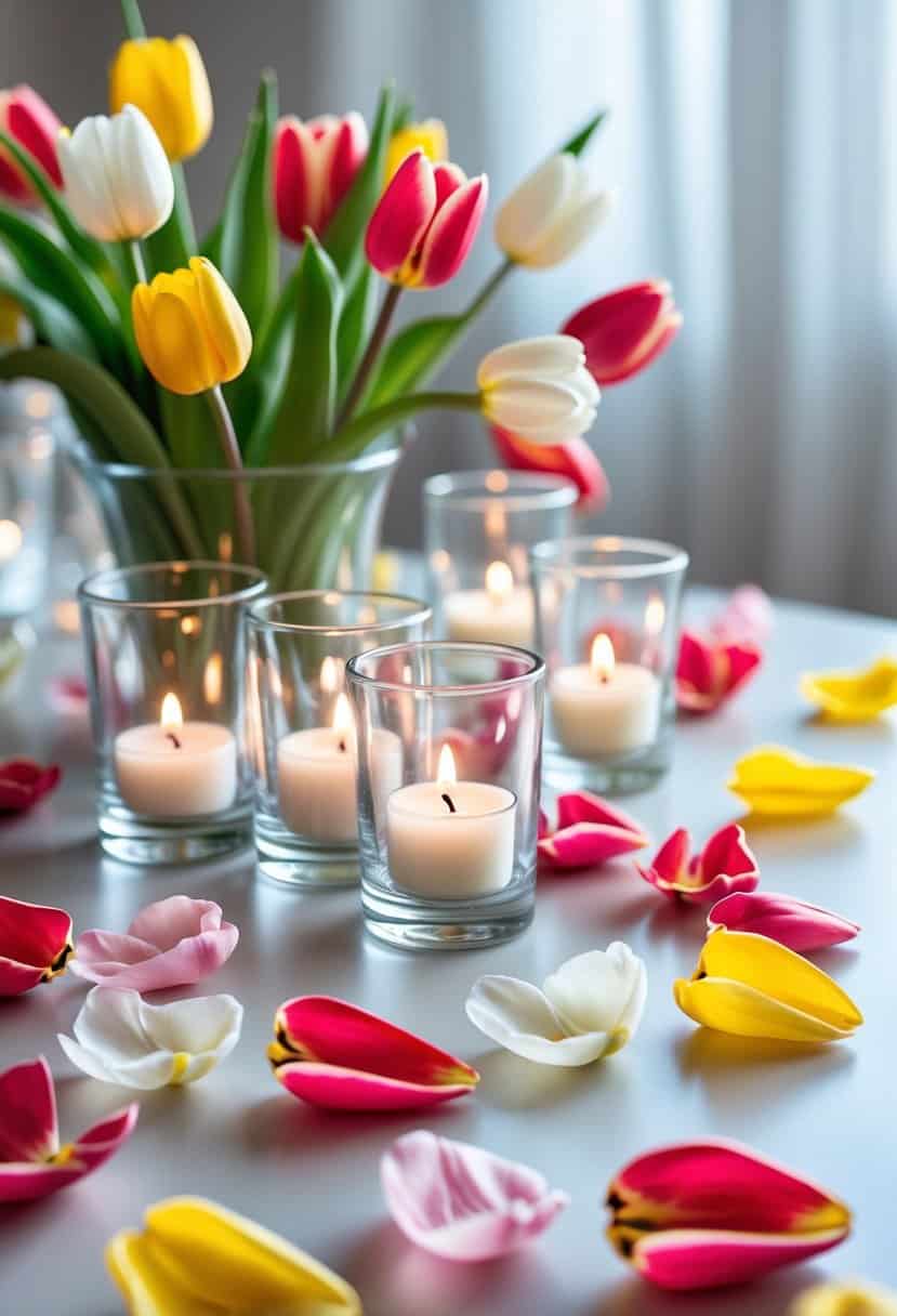 A table decorated with scattered colorful tulip petals surrounding clear glass votive candles.