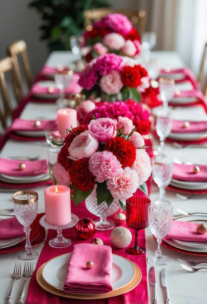 A long dining table set with pink and red table linens, floral centerpieces, candles, plates, glassware, and cutlery arranged for a festive meal.