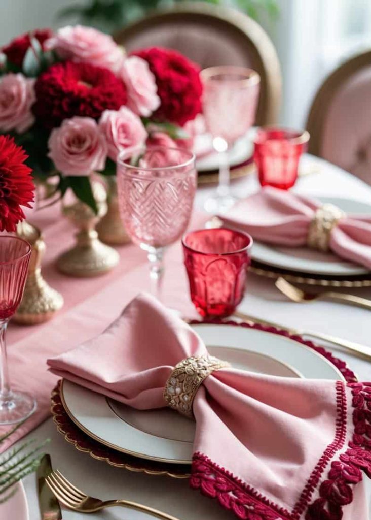 Elegant table setting with pink plates, gold cutlery, pink napkins with decorative rings, red glasses, and a floral centerpiece of red and pink flowers.