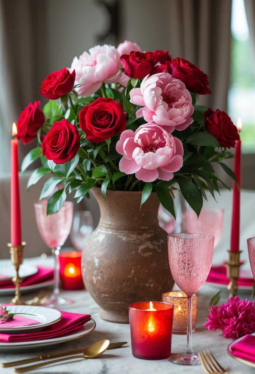 A table with a rustic vase centerpiece filled with red roses and pink peonies surrounded by red and pink table decorations.