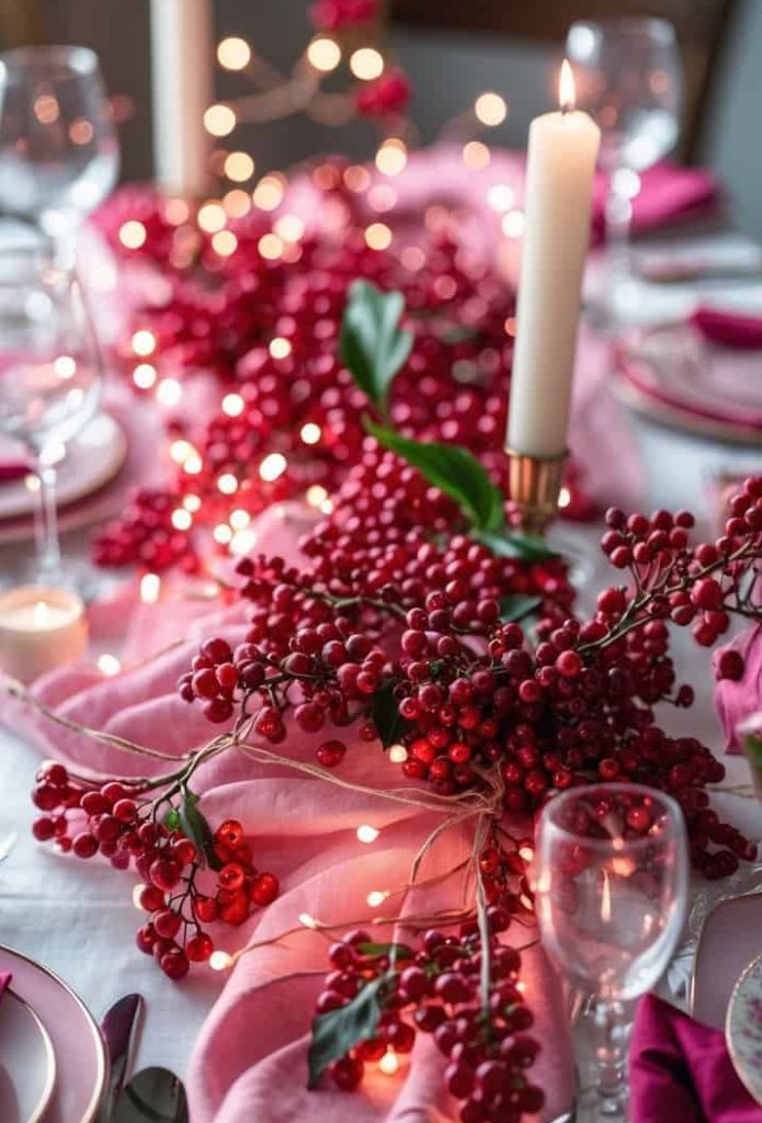 A dining table set with white plates, wine glasses, pink napkins, white candles, red berry branches, and string lights as decoration.