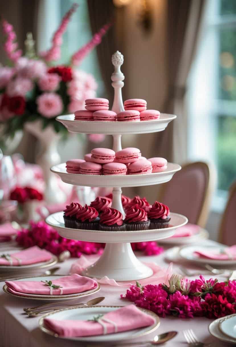 A tiered dessert stand with pink macarons and red velvet cupcakes on a pink and red decorated table.