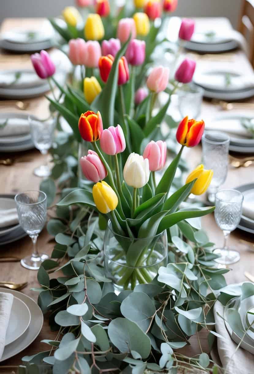 A wooden dining table decorated with a large arrangement of colorful tulips and eucalyptus leaves, set with plates and glassware.