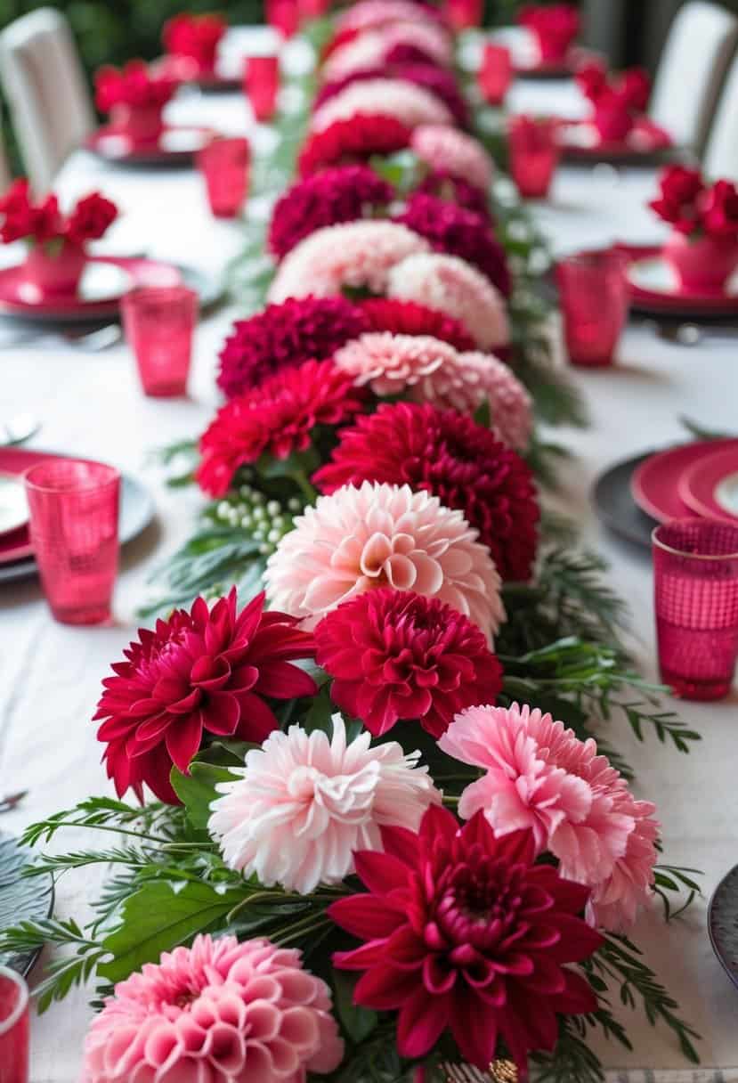 A floral garland of red dahlias and pink carnations arranged on a long table set with pink and red decorations.