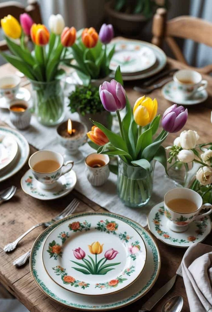 A wooden table set with floral-patterned plates, teacups, silverware, and vases of colorful tulips, arranged for a spring-themed meal.