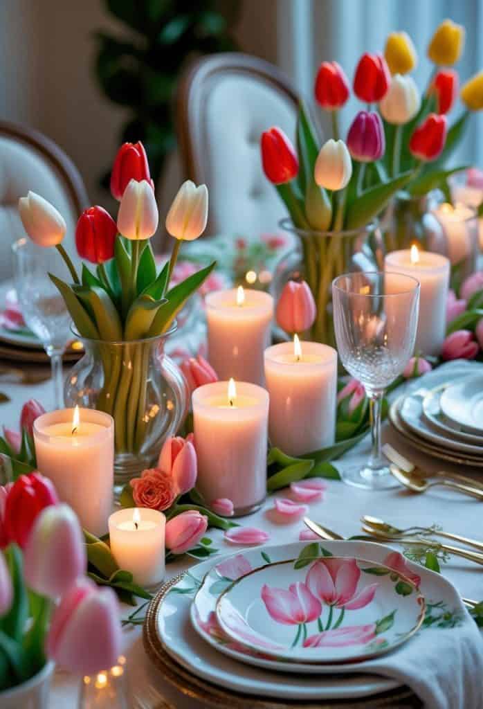 Elegant dining table set with tulip-themed plates, glassware, gold cutlery, and several lit pillar candles surrounded by fresh tulips in vases.