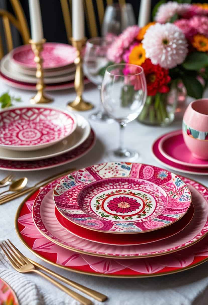 A colorful table setting with pink and red patterned plates arranged together on a dining table.