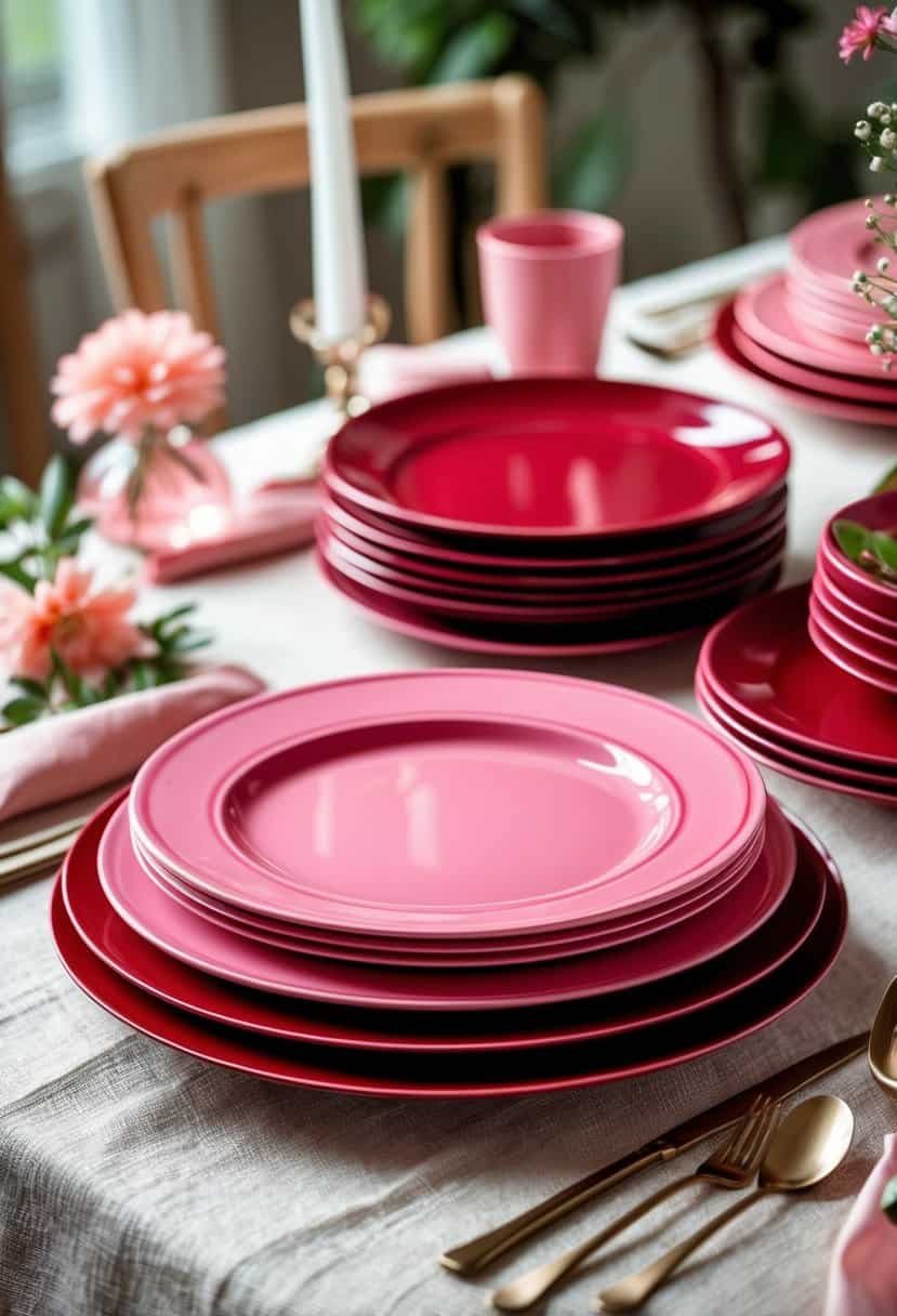 A table setting with stacked pink charger plates under deep red salad plates arranged neatly on a table.