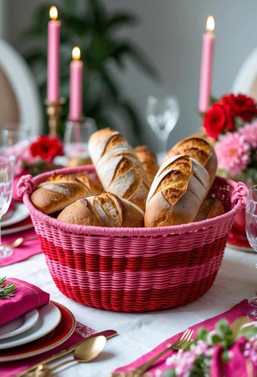 A pink and red woven basket filled with bread sits as a centerpiece on a table set with pink and red table decorations.