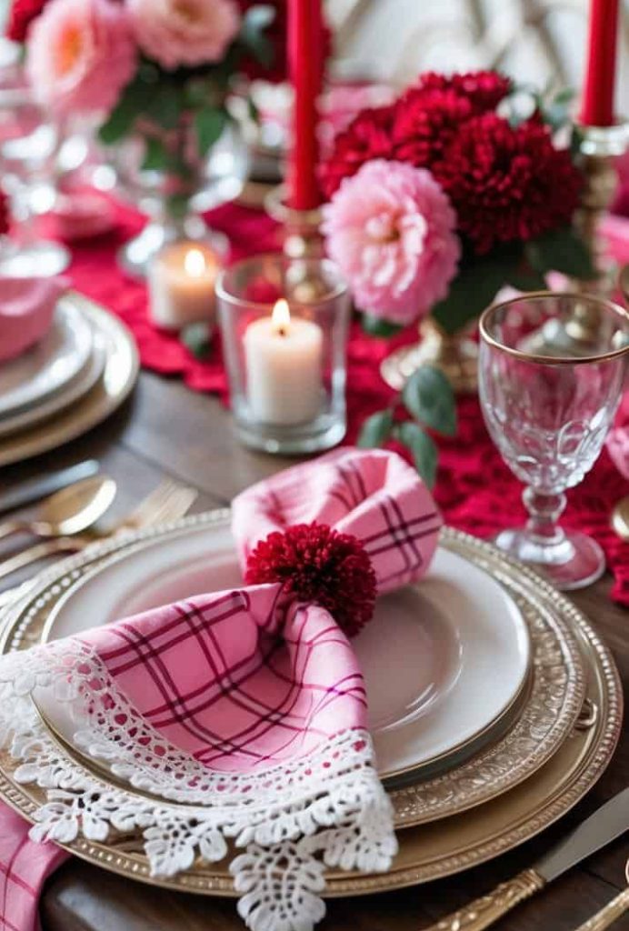 A formal table set with gold cutlery, white plates, pink plaid napkins with lace, red candles, and vases of red and pink flowers.