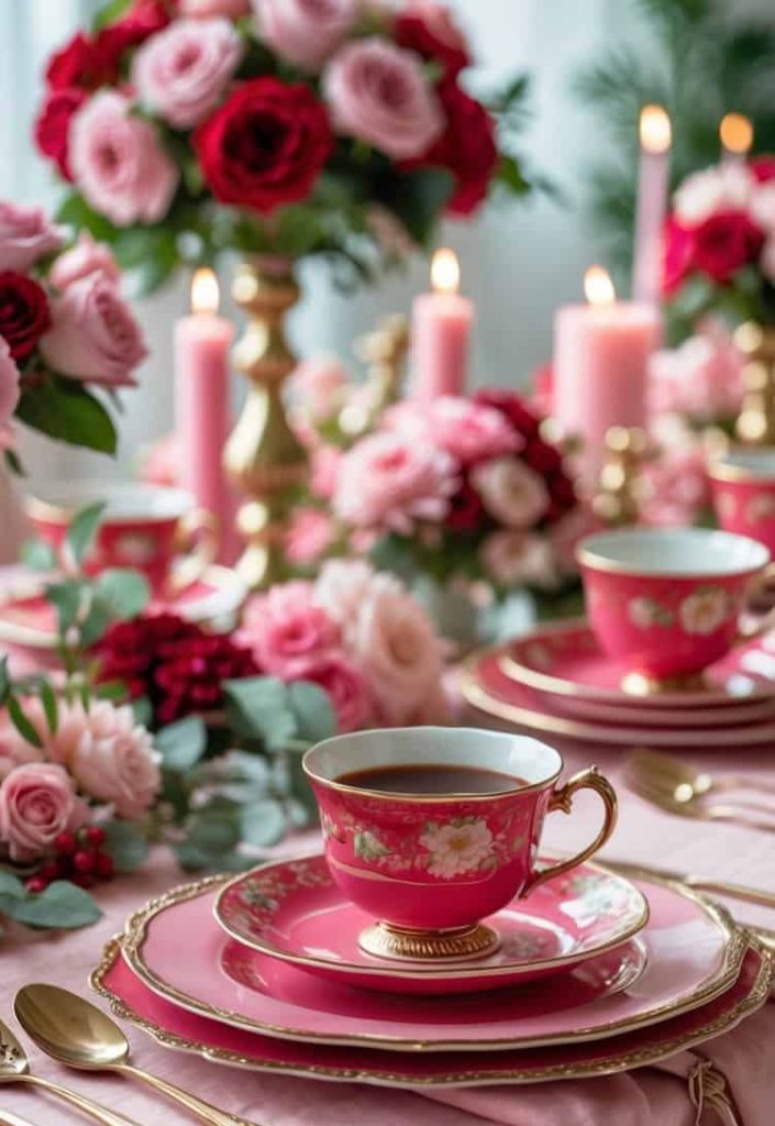 Elegant tea set with pink floral china, gold cutlery, and pink candles arranged on a pink tablecloth, surrounded by pink and red flower bouquets.