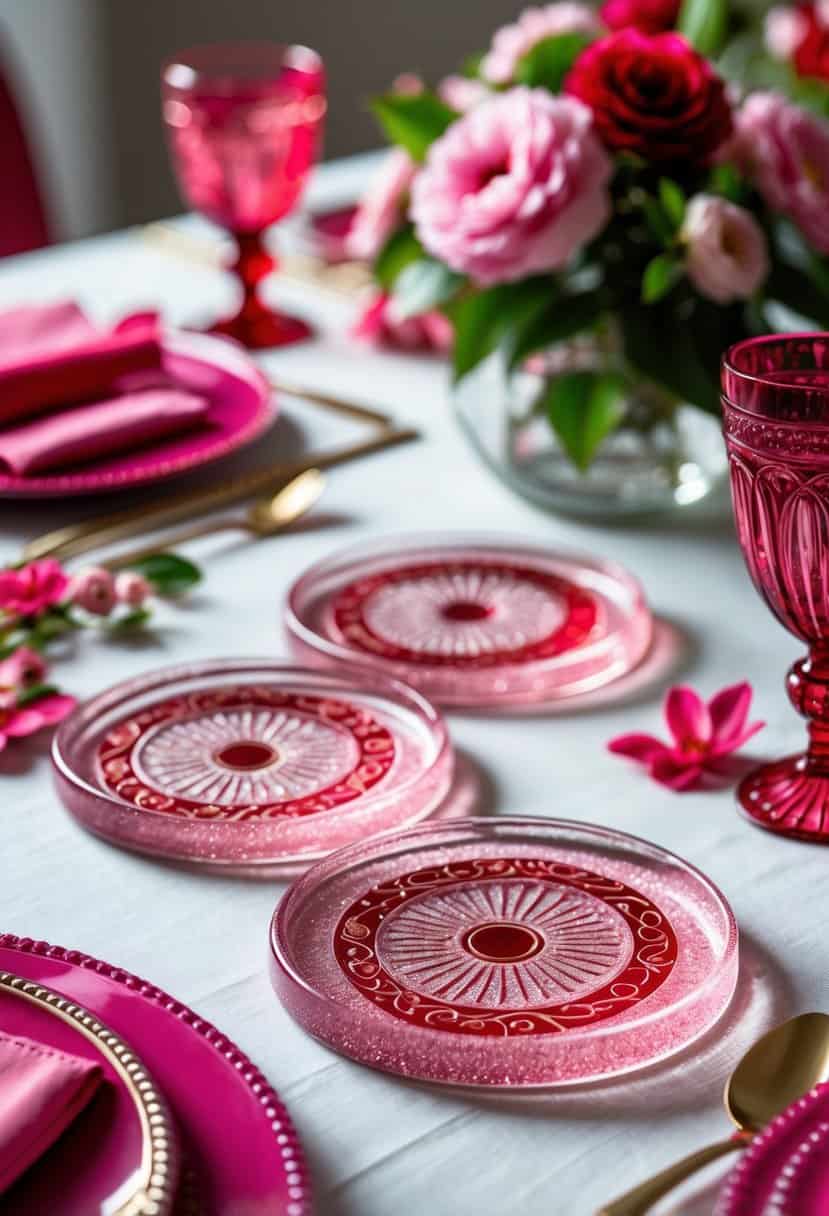 Set of pink glass coasters with red etched designs arranged on a table with pink and red table decorations.