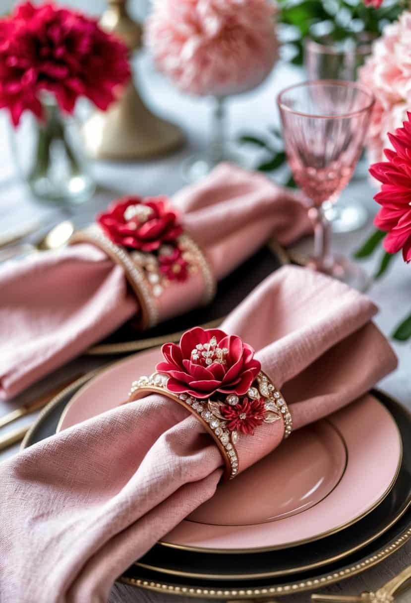 A table set with pink napkins held by pink blush napkin rings decorated with red flowers, surrounded by red and pink floral decorations.