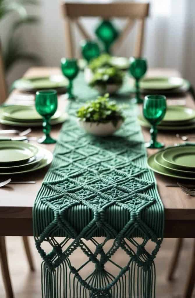 A dining table set with green plates, green glasses, and silver cutlery, featuring a macramé table runner and small potted plants as centerpieces.