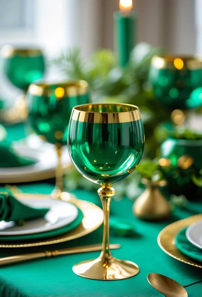 A table set with gold-rimmed emerald green wine glasses and matching green tableware on an emerald green tablecloth.
